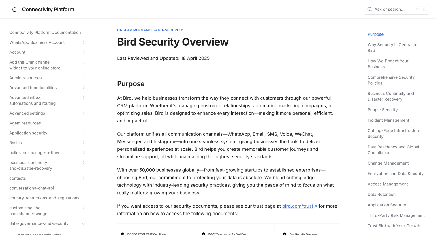 Bird - Bird Security Overview Connectivity Platform screen