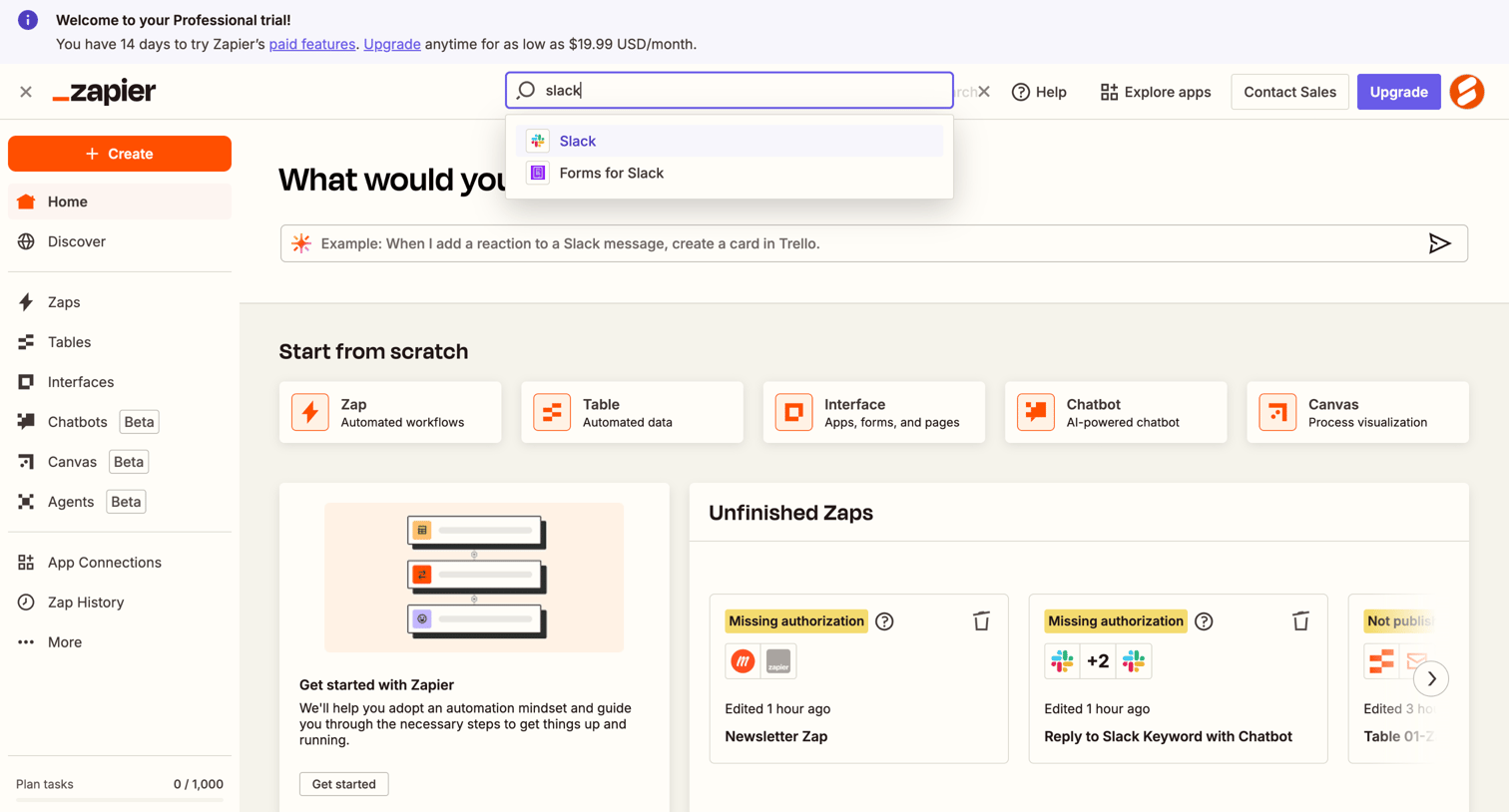 Zapier - Home | Zapier screen