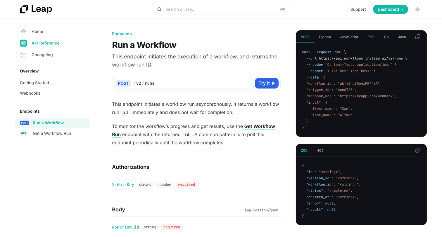 Leap - Run a Workflow - Leap AI screen