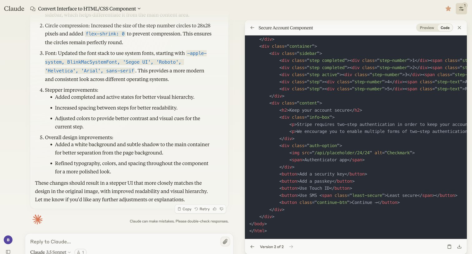 Claude - Convert Interface to HTMLCSS Component - Claude screen