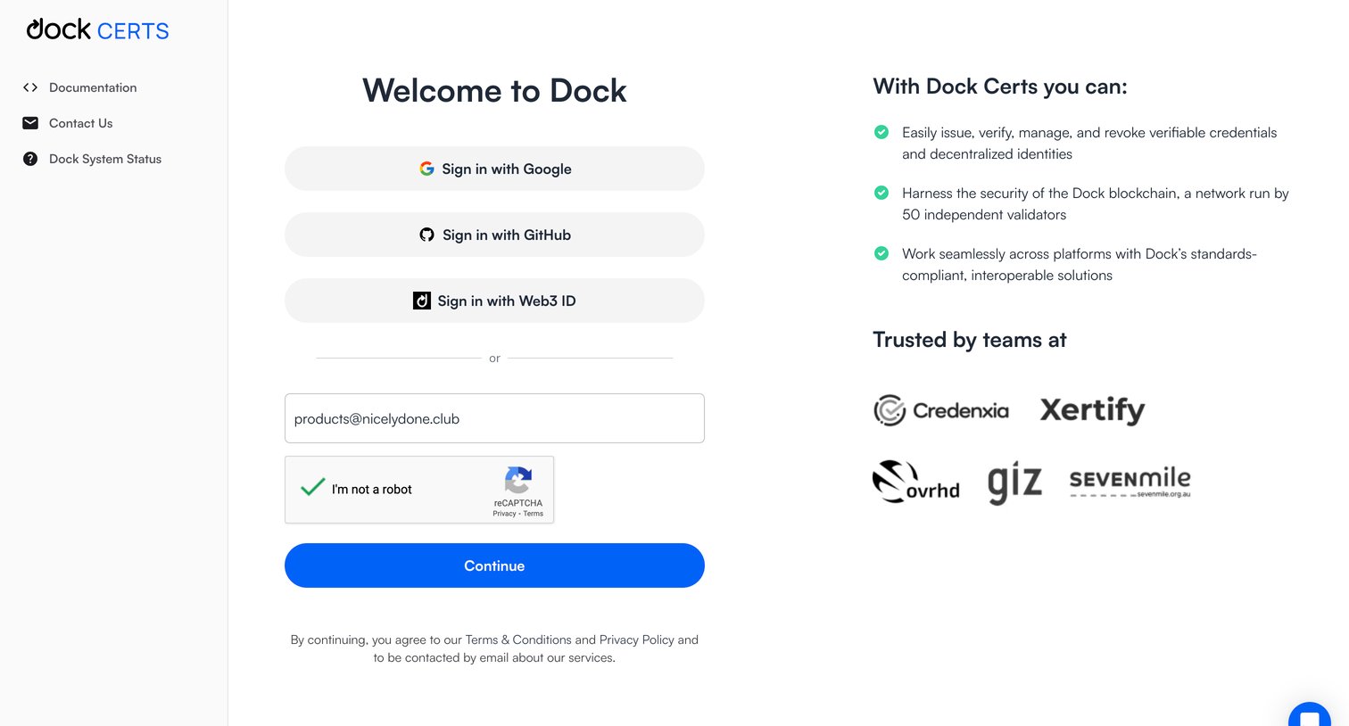 Dock - Dock Certs screen