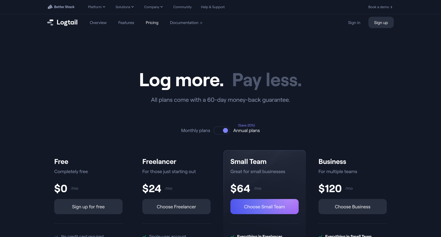 Better Stack - Pricing | Logtail screen