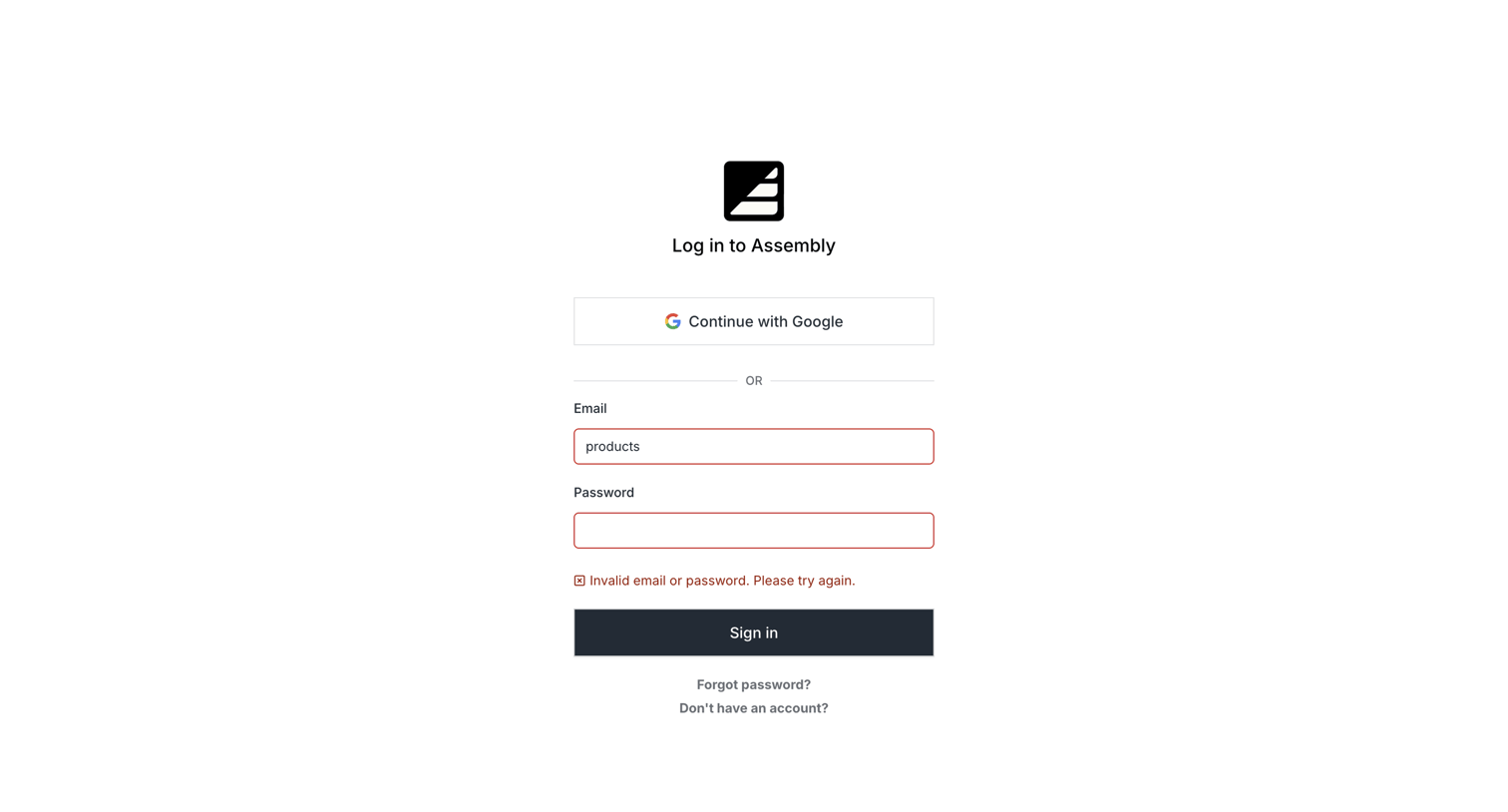 Assembly AI App Builder - Assembly Login | Sign in to the Assembly Dashboard screen