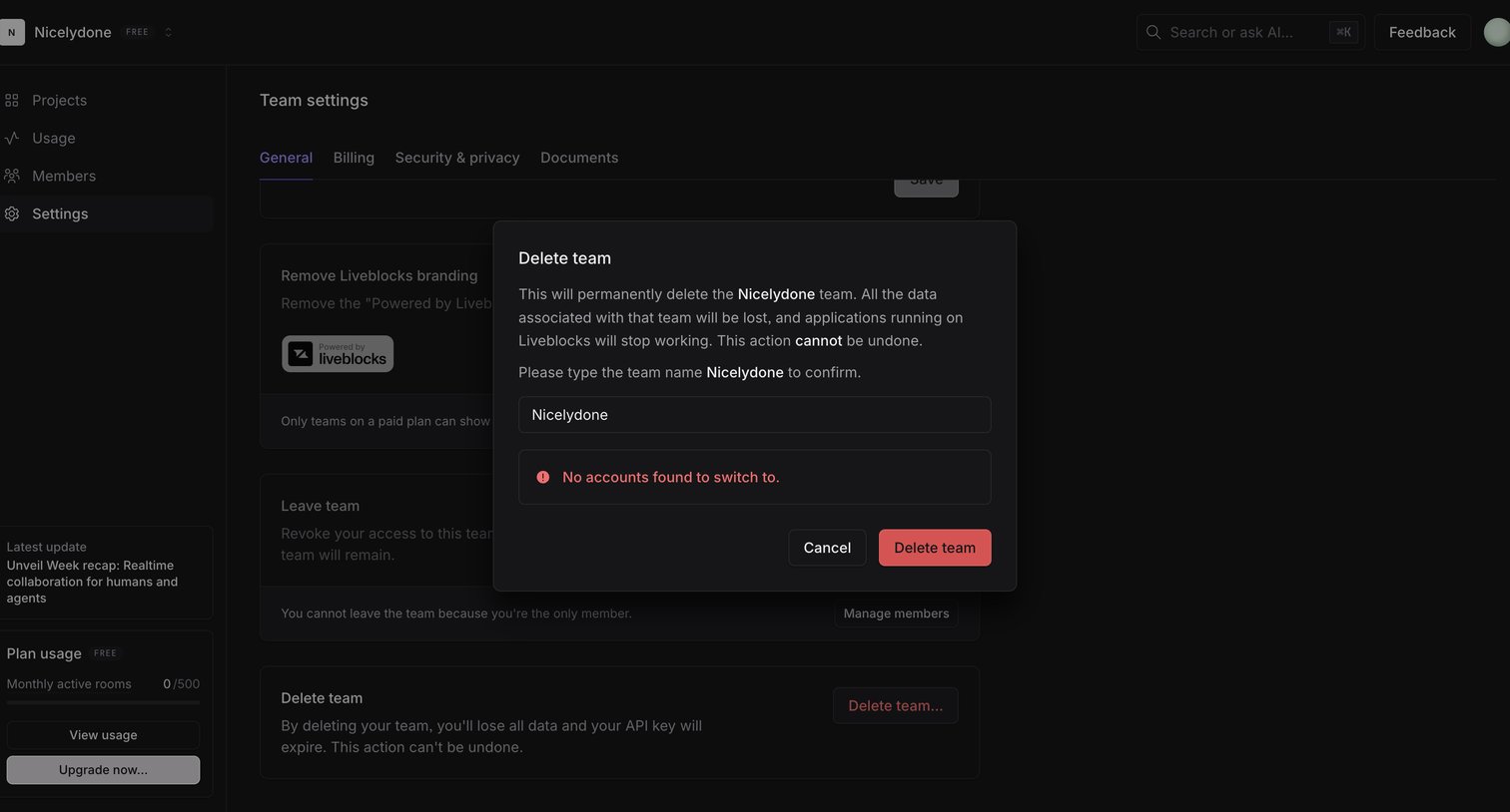 Liveblocks - Nicelydone | Team settings screen
