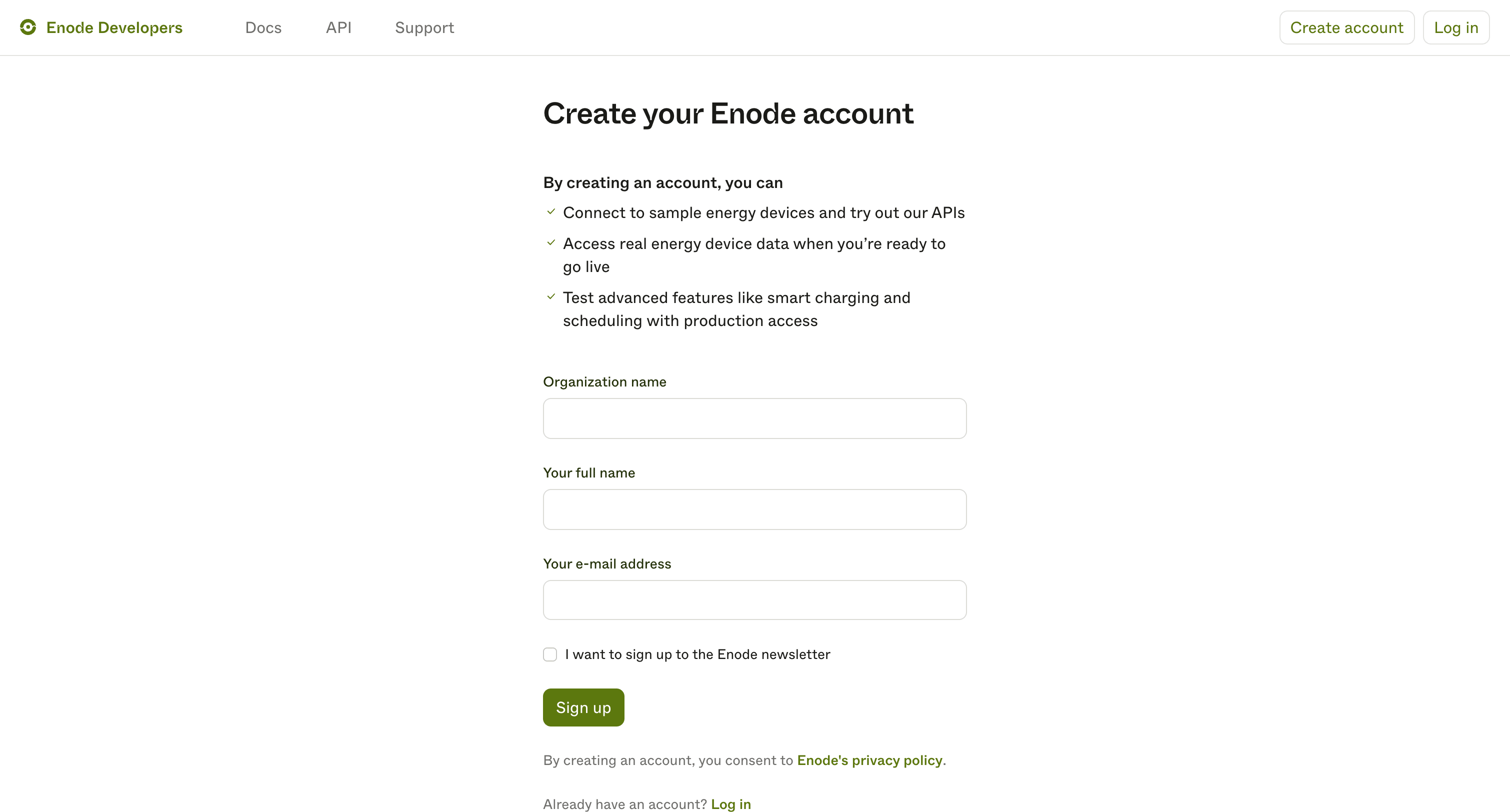 Enode - Create account | Enode Developers screen