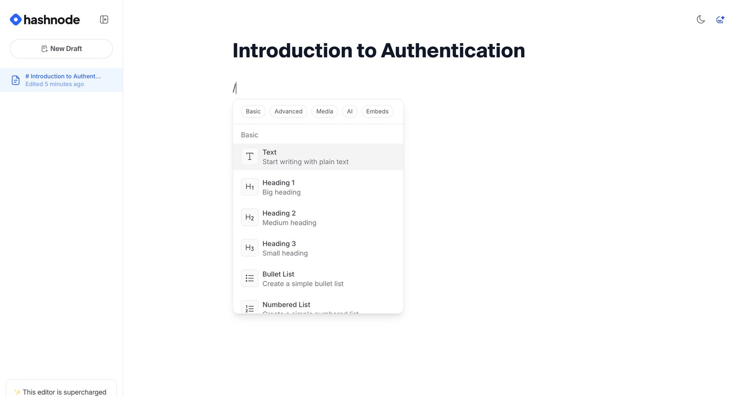 Hashnode - Free AI-powered Markdown WYSIWYG editor — Hashnode screen