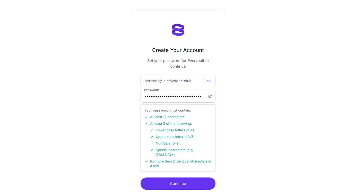 Evervault - Create a password to sign up | Evervault screen