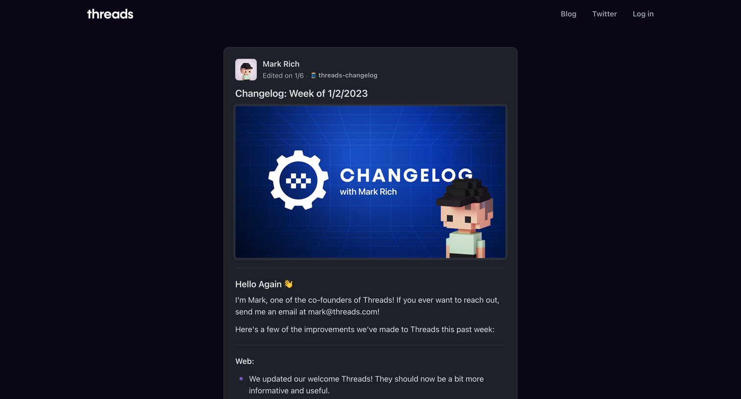 Threads - Changelog Week of 122023 screen