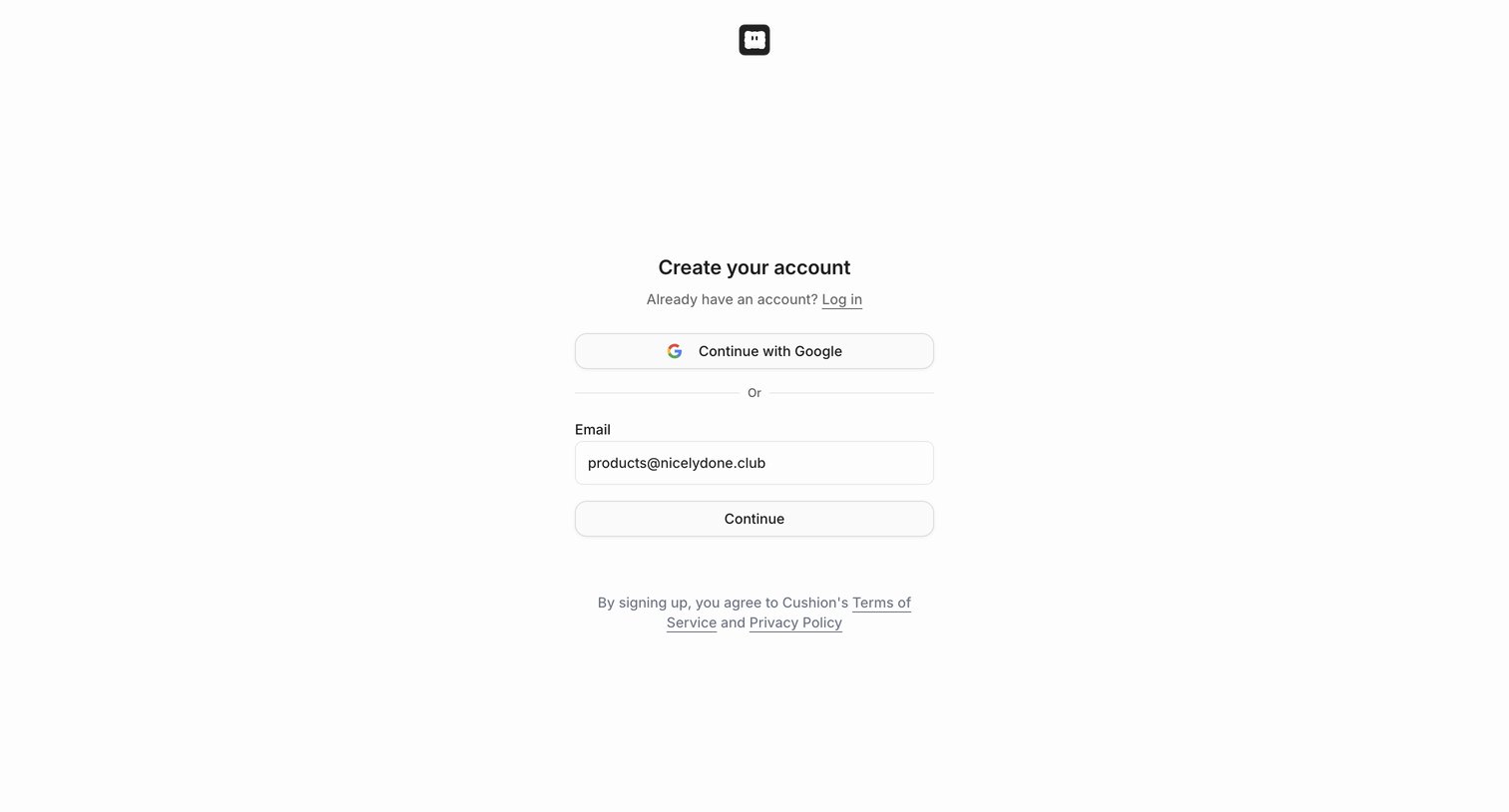 Cushion - Sign Up screen
