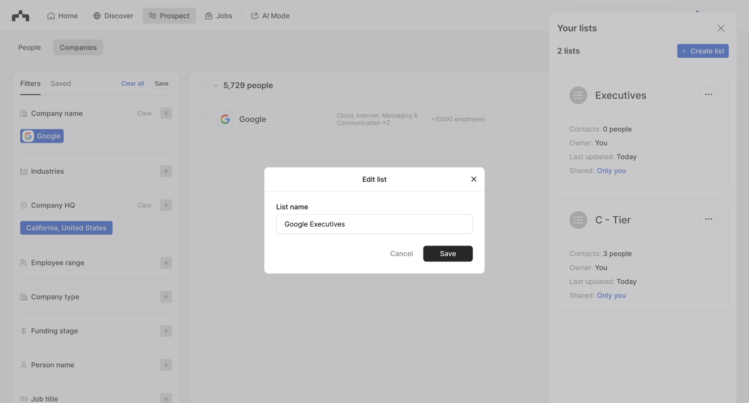 The org - Prospect - Companies | The Org screen