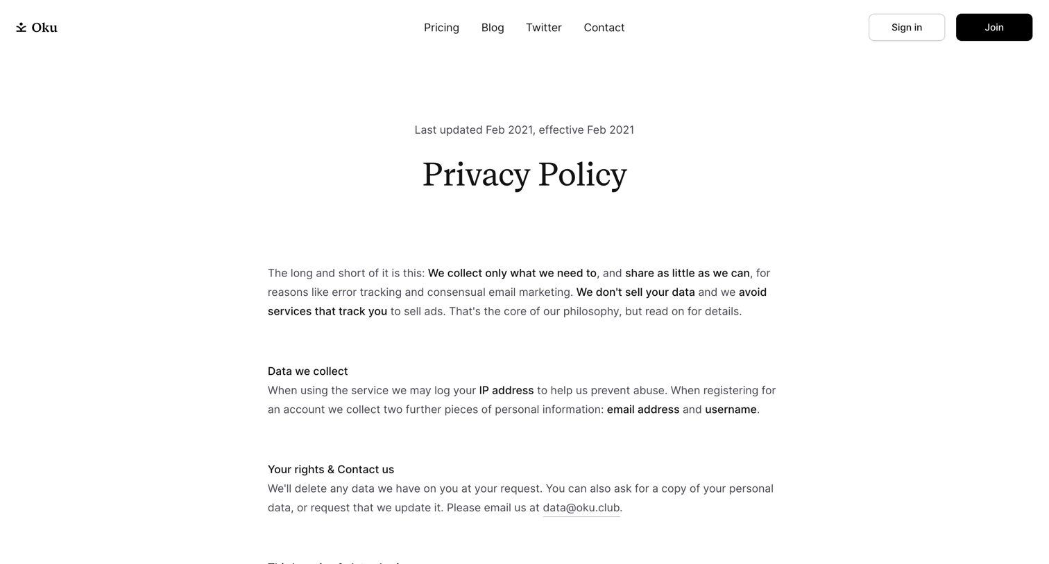Oku - Privacy Policy Oku screen