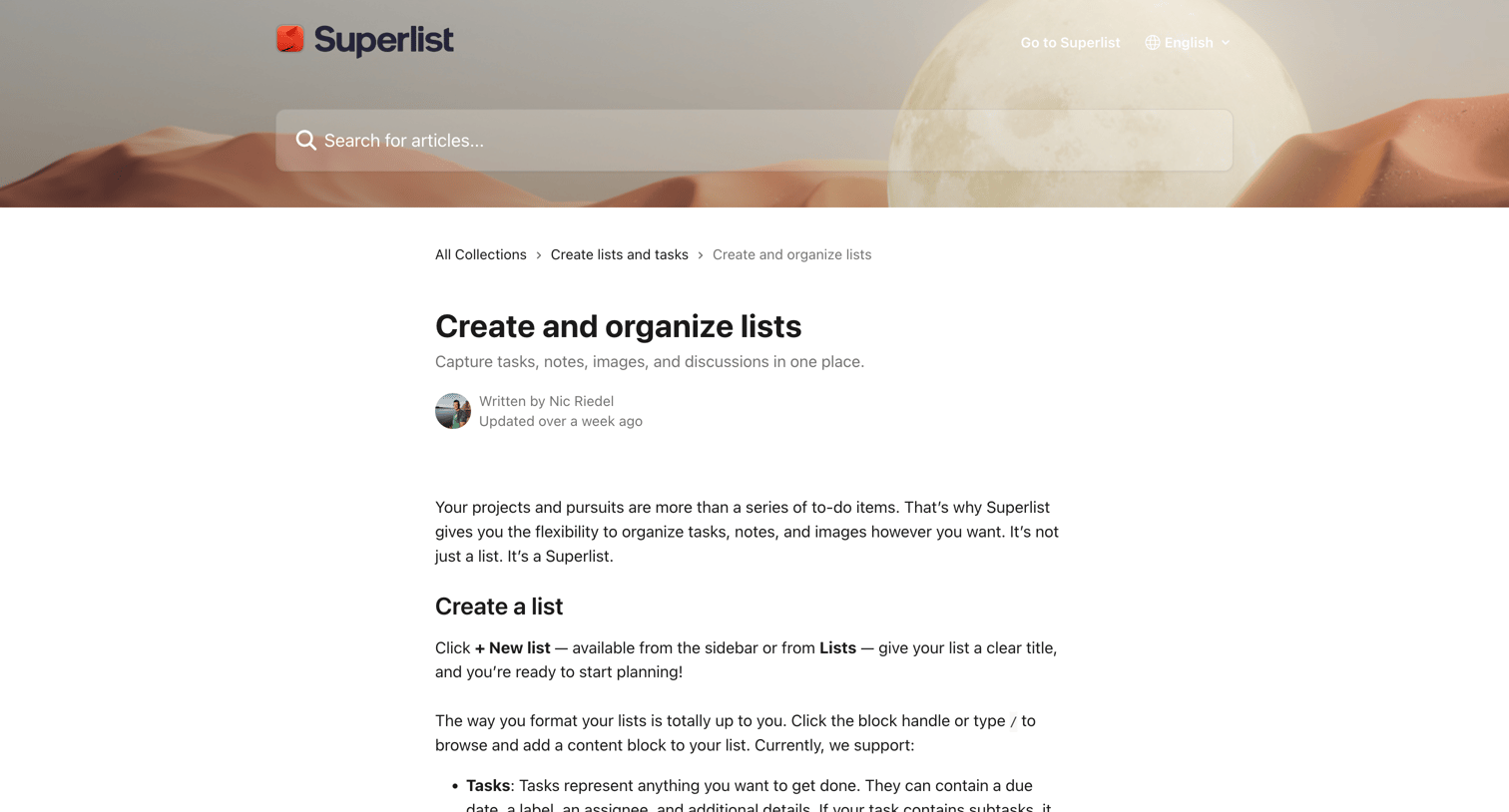 Superlist - Create and organize lists | Superlist Help Center screen