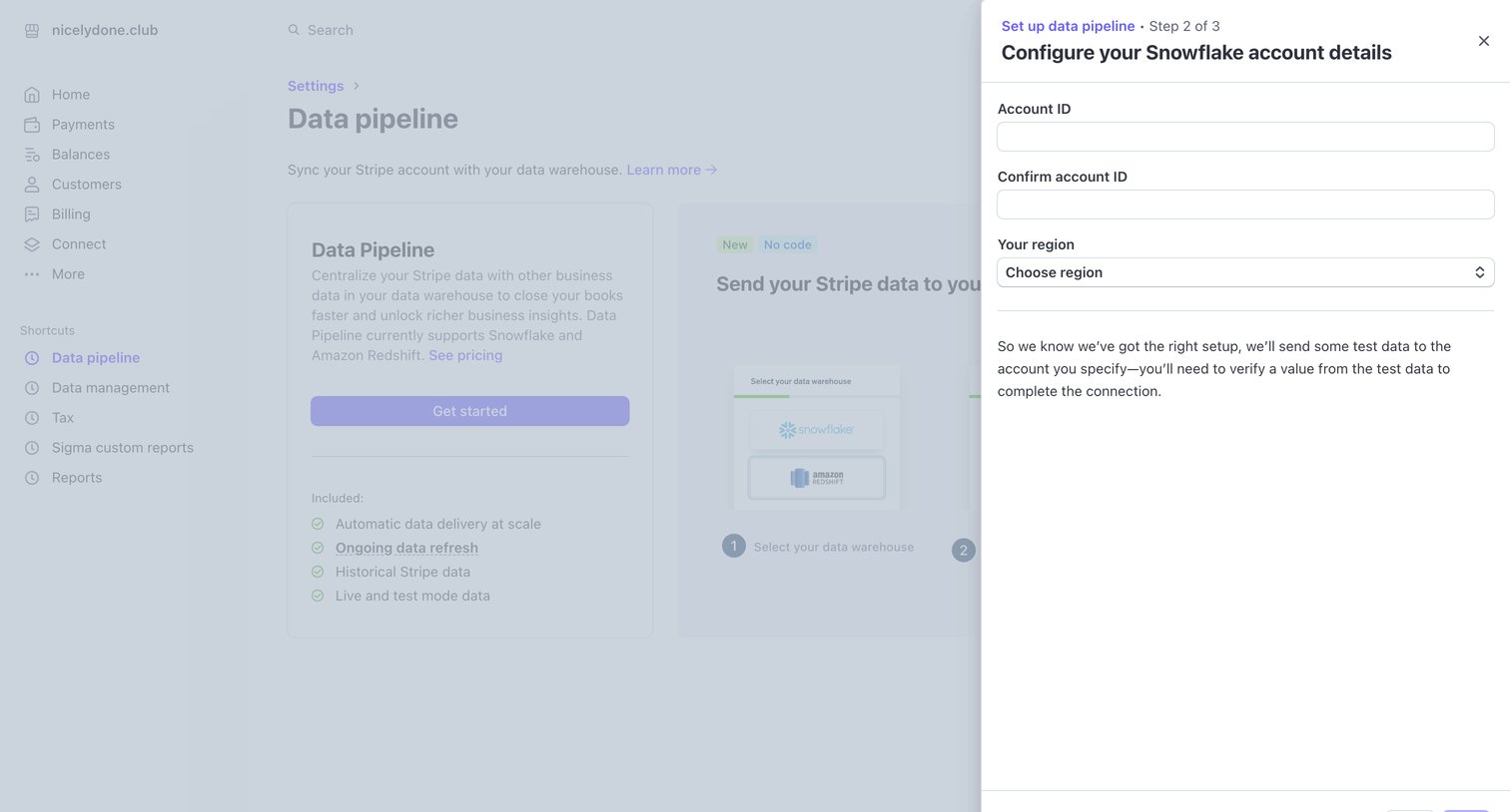 Stripe - Data Pipeline settings – nicelydone.club – Stripe screen
