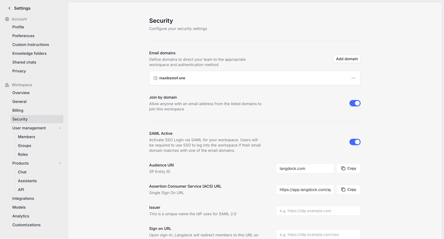 Langdock - Settings screen