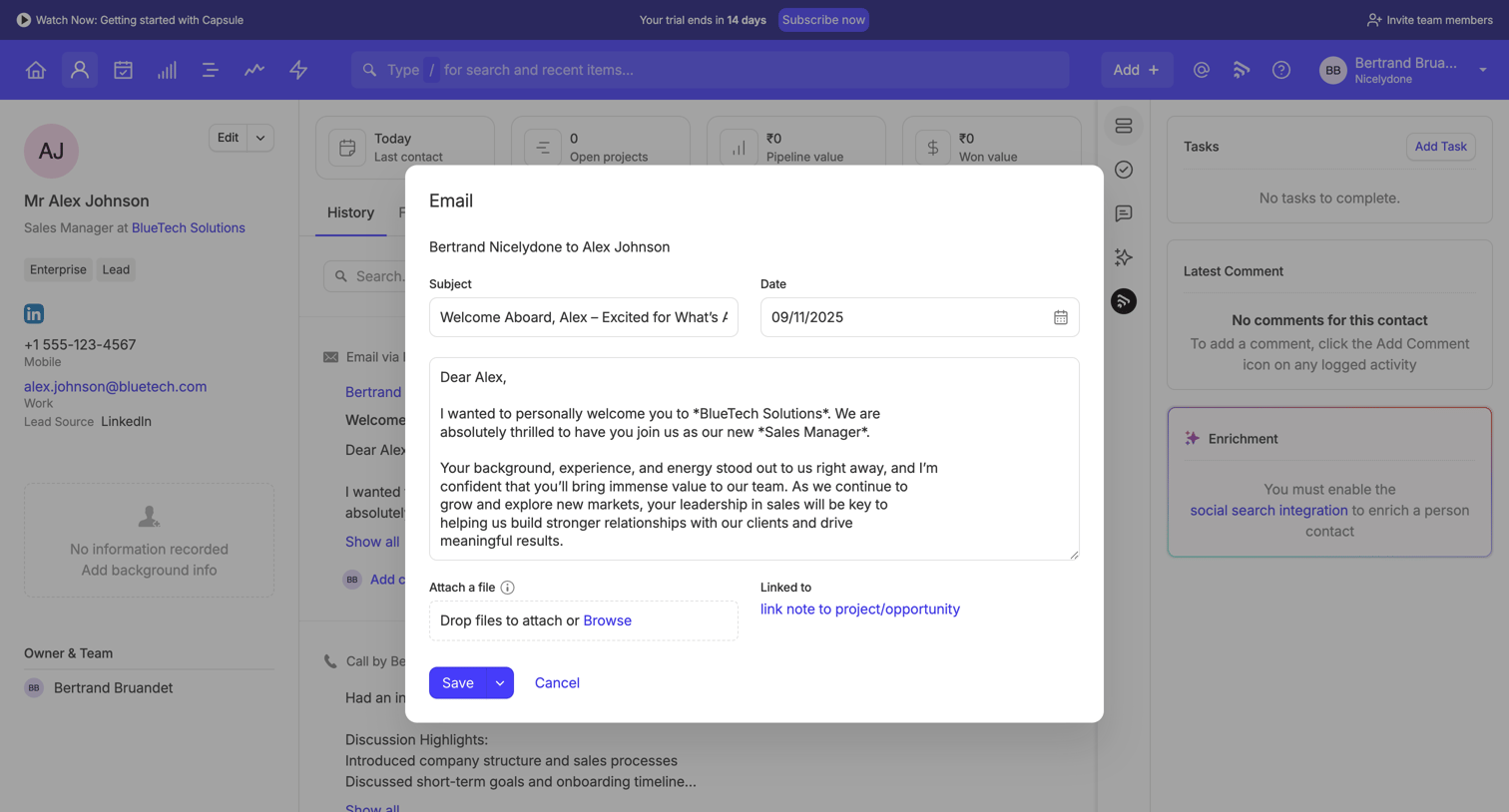 Capsule - Alex Johnson | Nicelydone CRM screen
