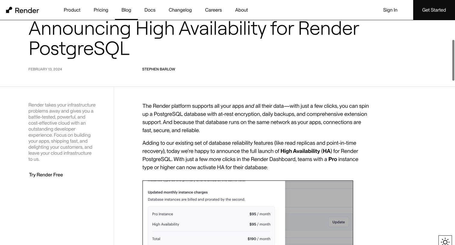Render - Announcing High Availability for Render PostgreSQL | Render Blog screen