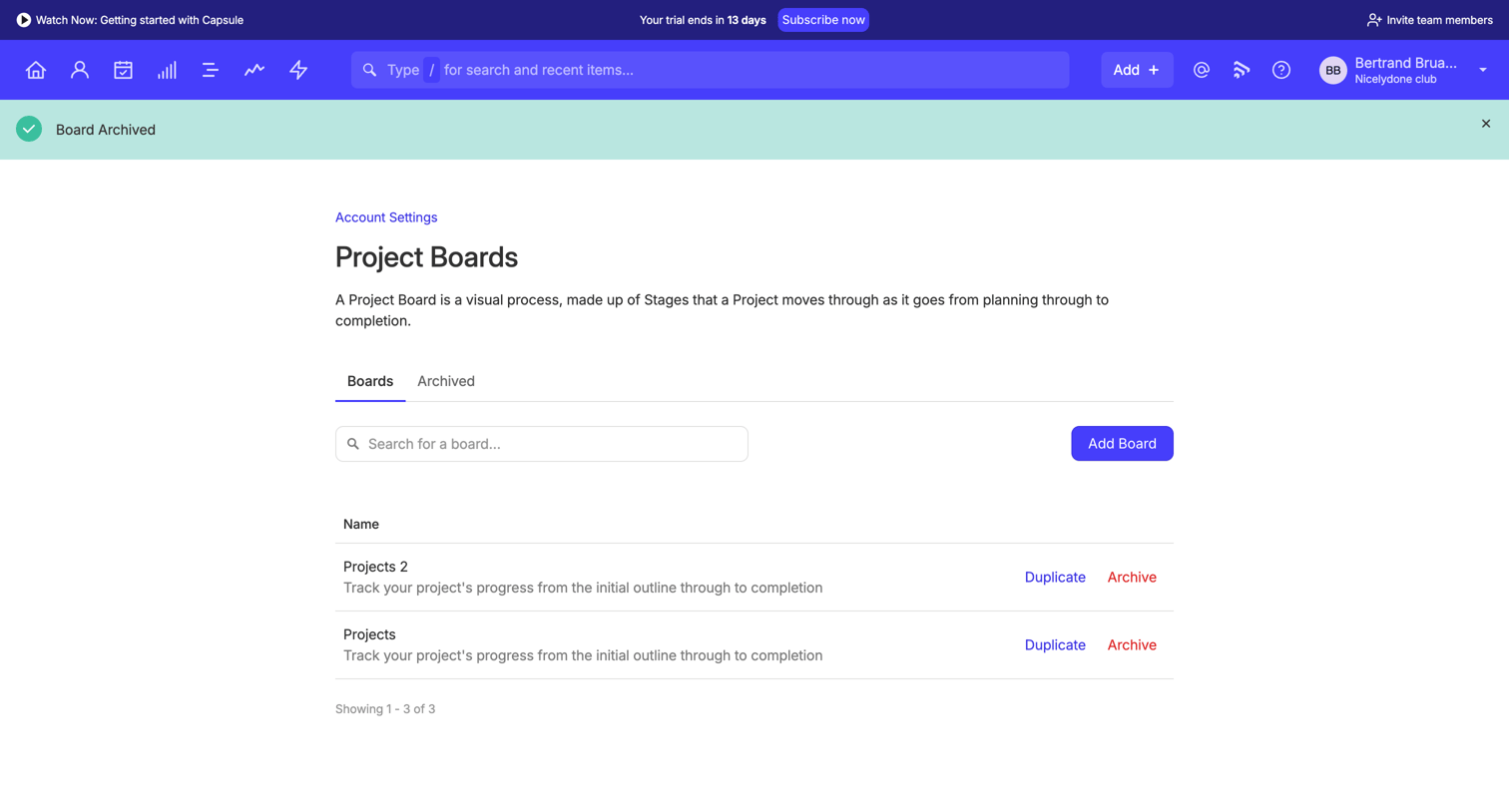 Capsule - Project Boards | Nicelydone club CRM screen