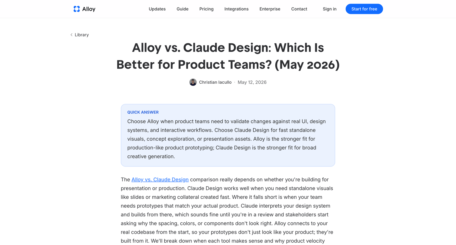 Alloy - Alloy vs. Claude Design: Which Is Better for Product Teams? (May 2026) screen