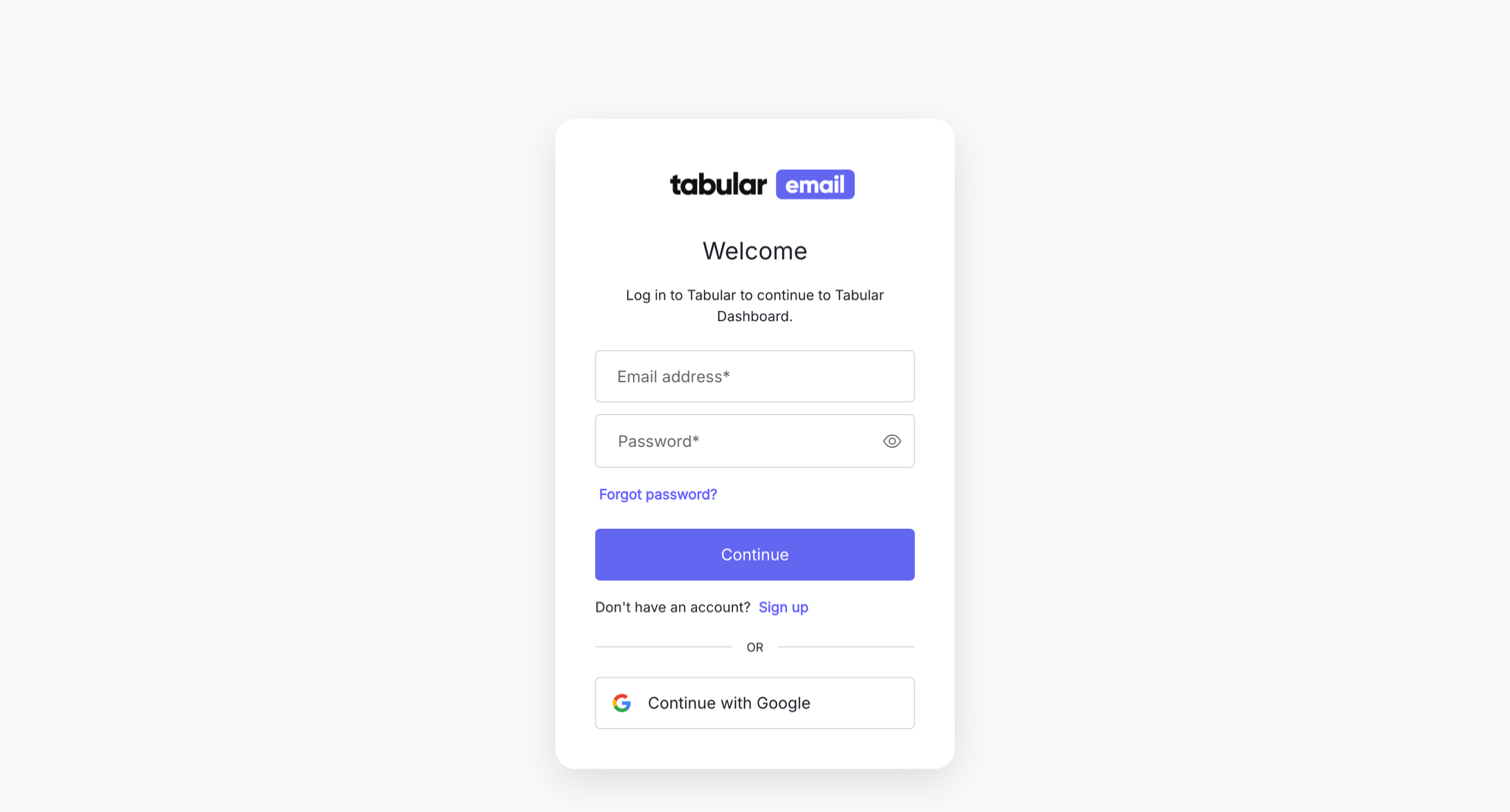 Tabular - Log in | Tabular Dashboard screen