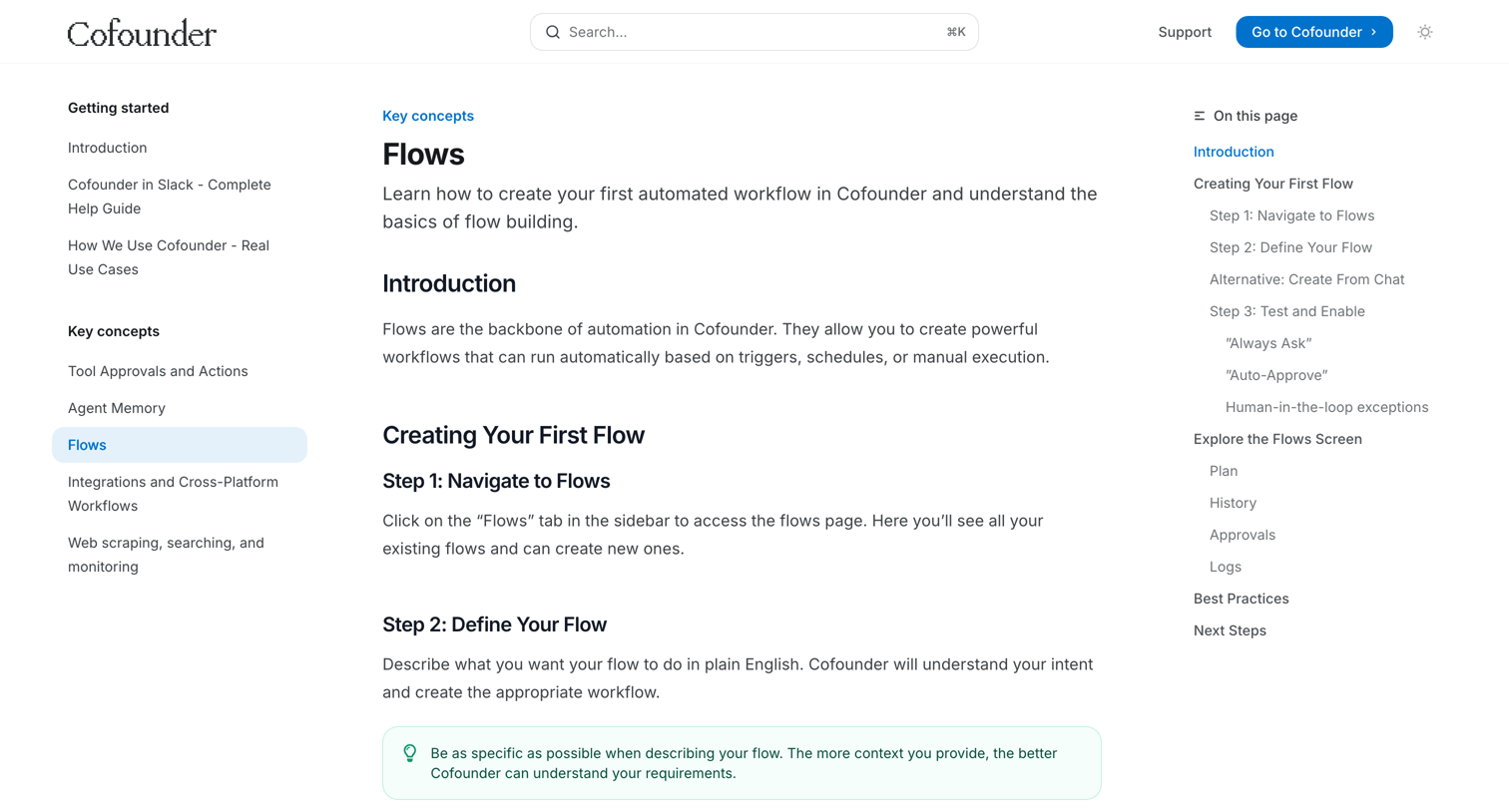 Cofounder - Flows - Documentation screen
