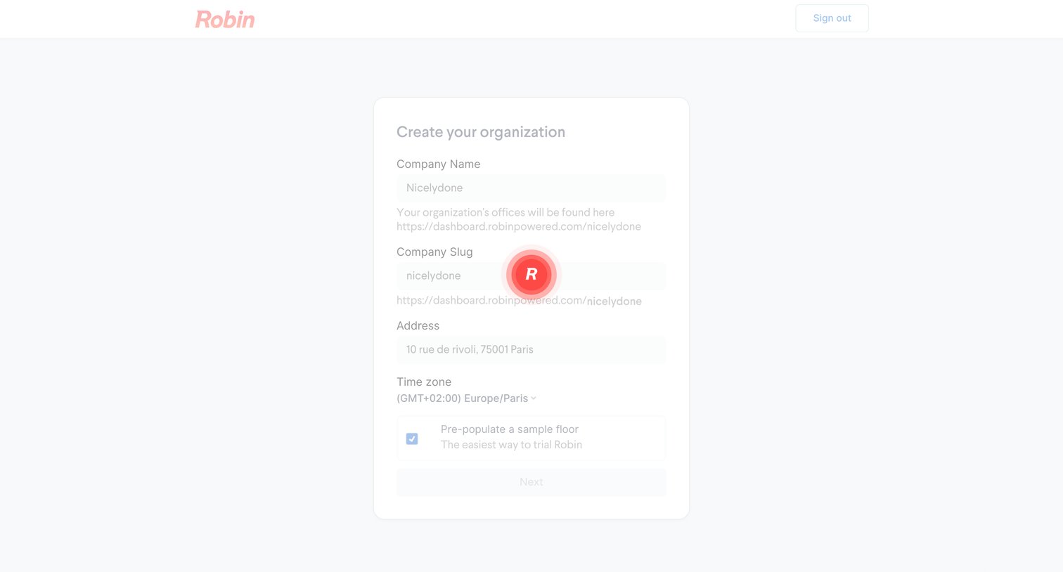 Robin - Create an organization - Robin screen
