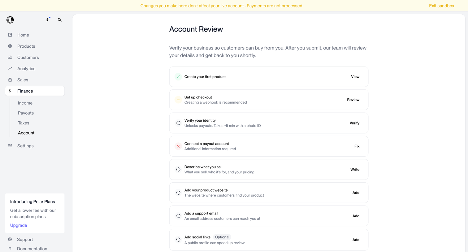 Polar - Finance - Payout Account | Nicelydone | Polar screen