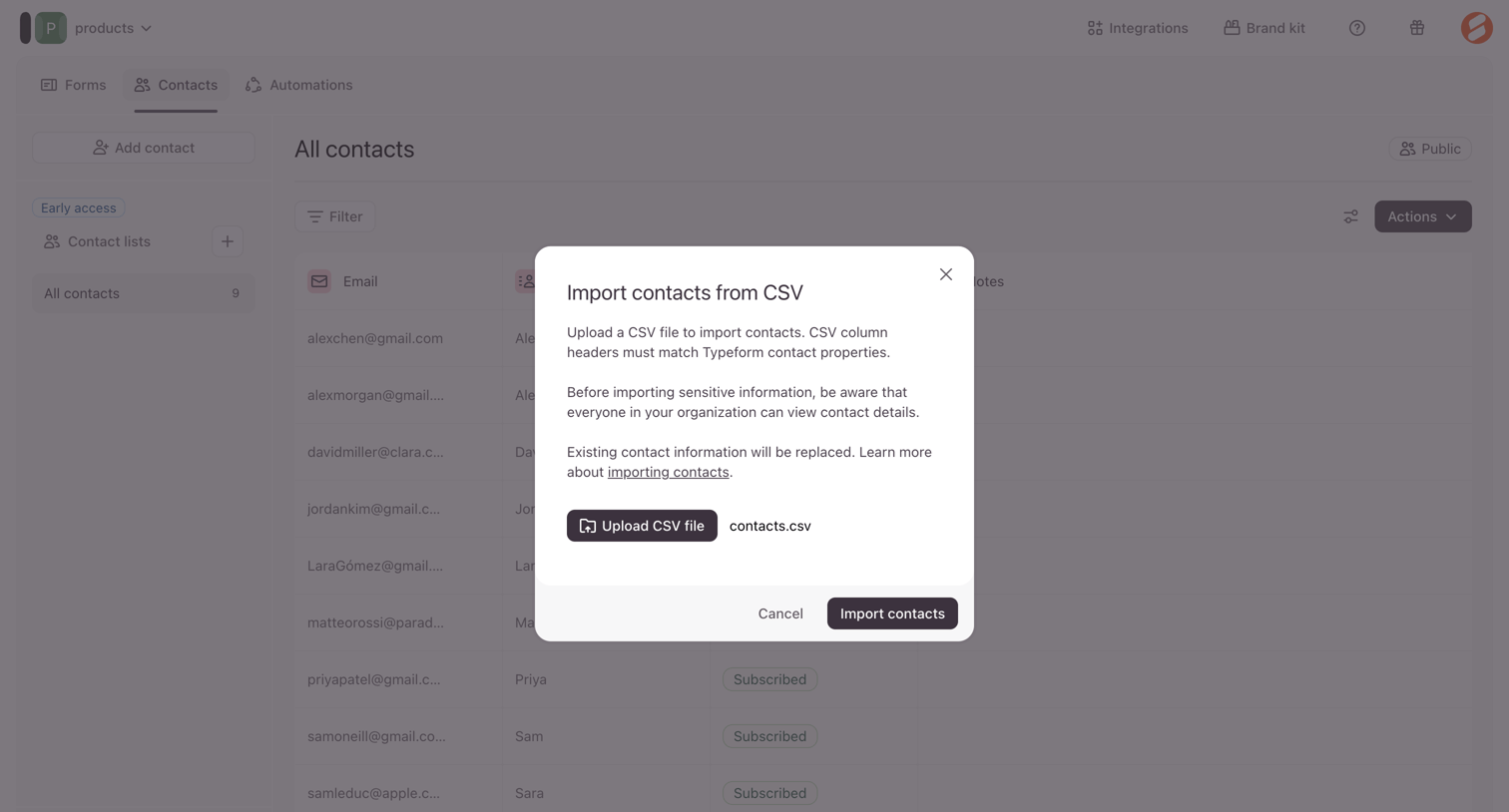 Typeform - Typeform - Contacts screen