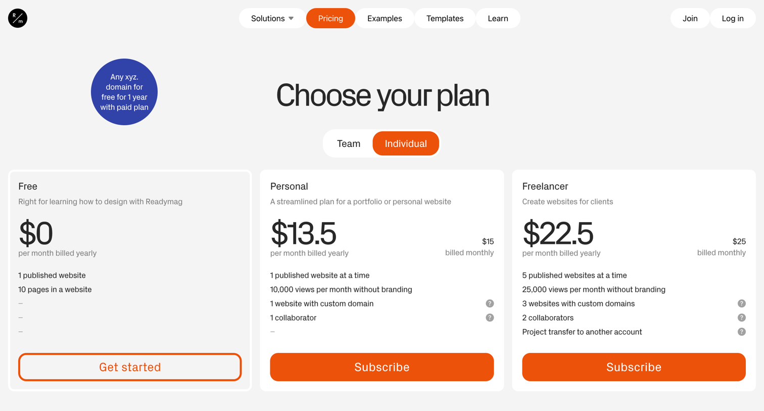 Readymag - Readymag pricing and plans screen