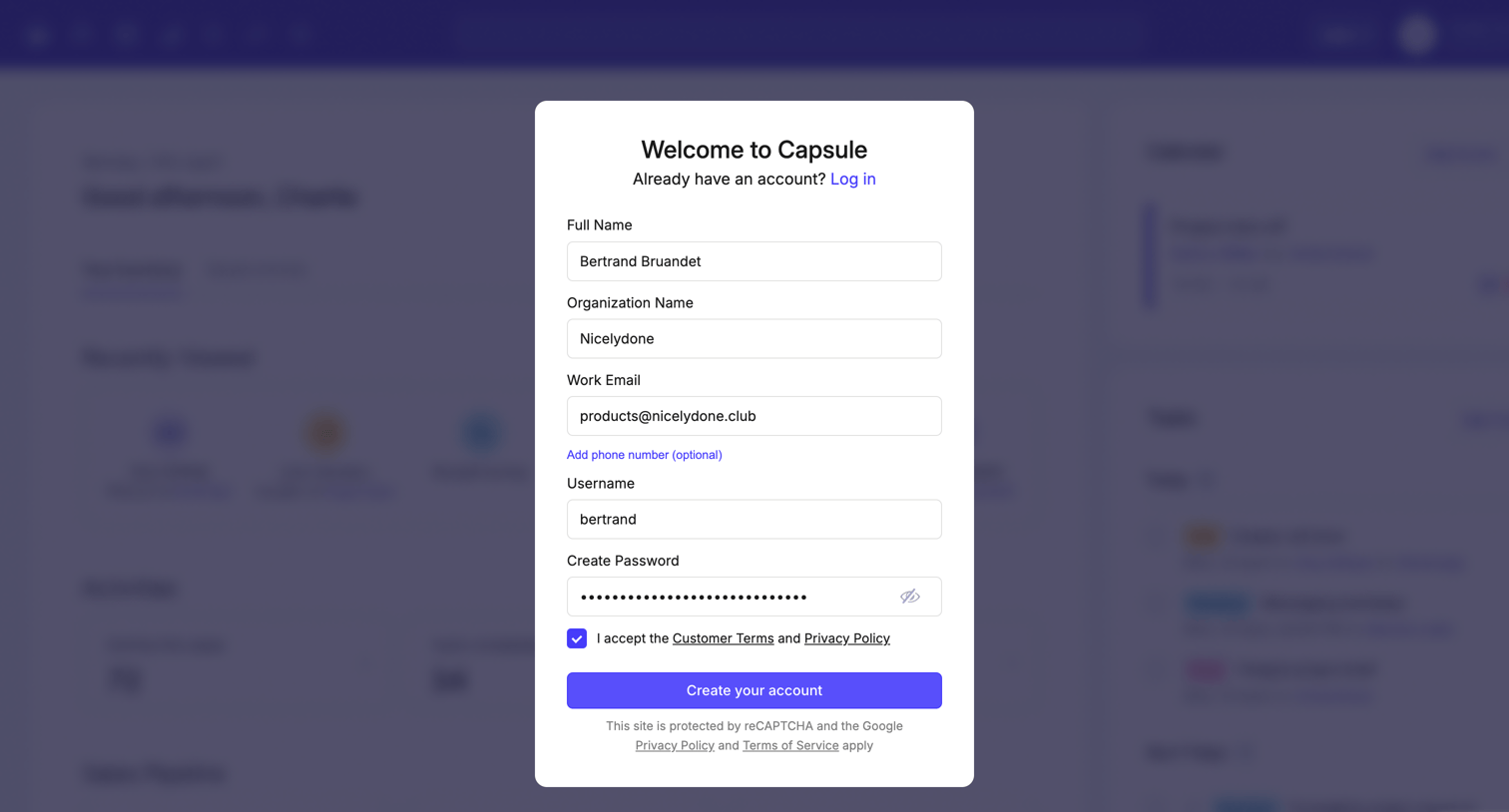 Capsule - auth.capsulecrm.com/register/c2e7e368cd39167ee6446cacc18cb036007e6f1562 screen