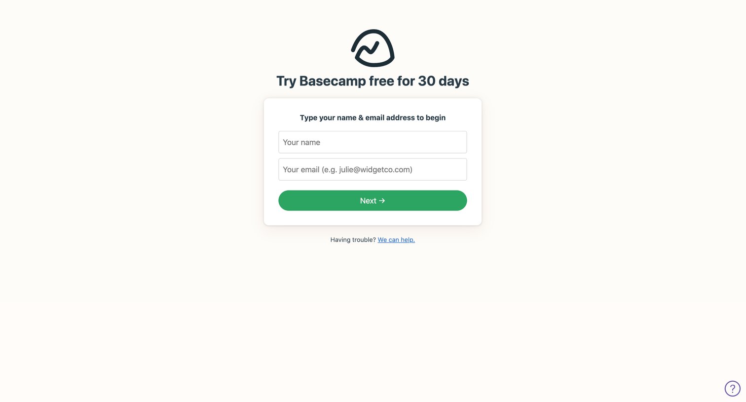 Basecamp - Sign up for Basecamp screen