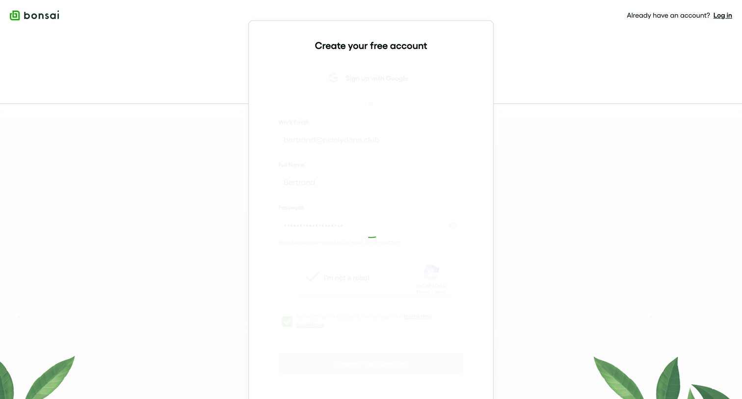 Bonsai - Sign Up - Bonsai screen