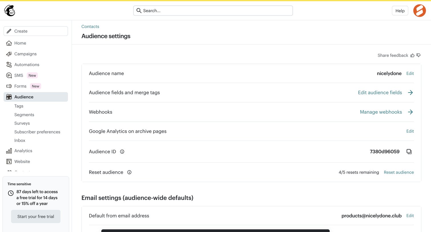 Mailchimp - Audience settings | Mailchimp screen