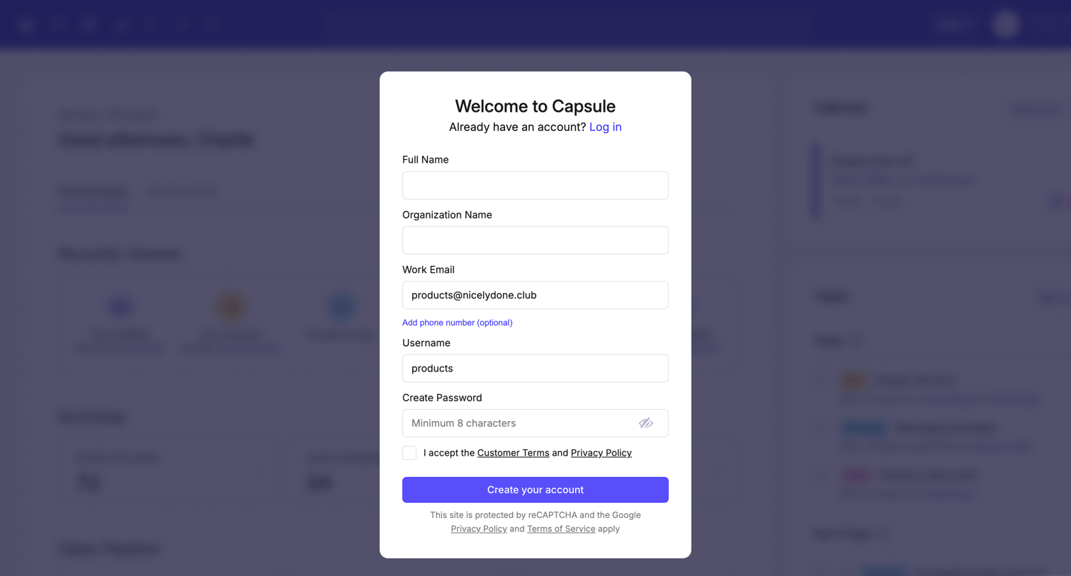 Capsule - auth.capsulecrm.com/register/c2e7e368cd39167ee6446cacc18cb036007e6f1562 screen