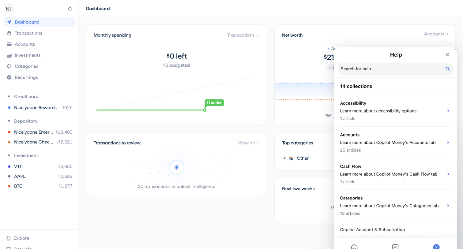 Copilot - Copilot Money | Dashboard screen