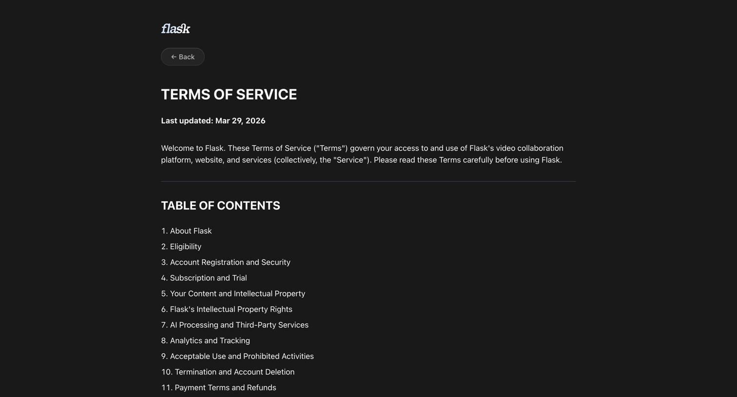 Flask - Terms of Service | Flask screen