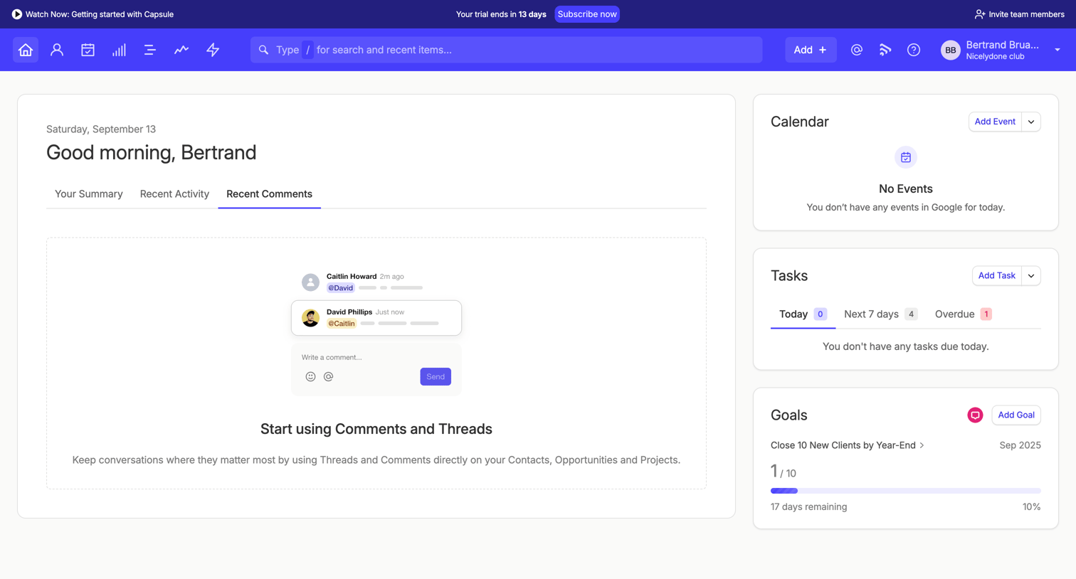 Capsule - Recent Comments | Nicelydone club CRM screen