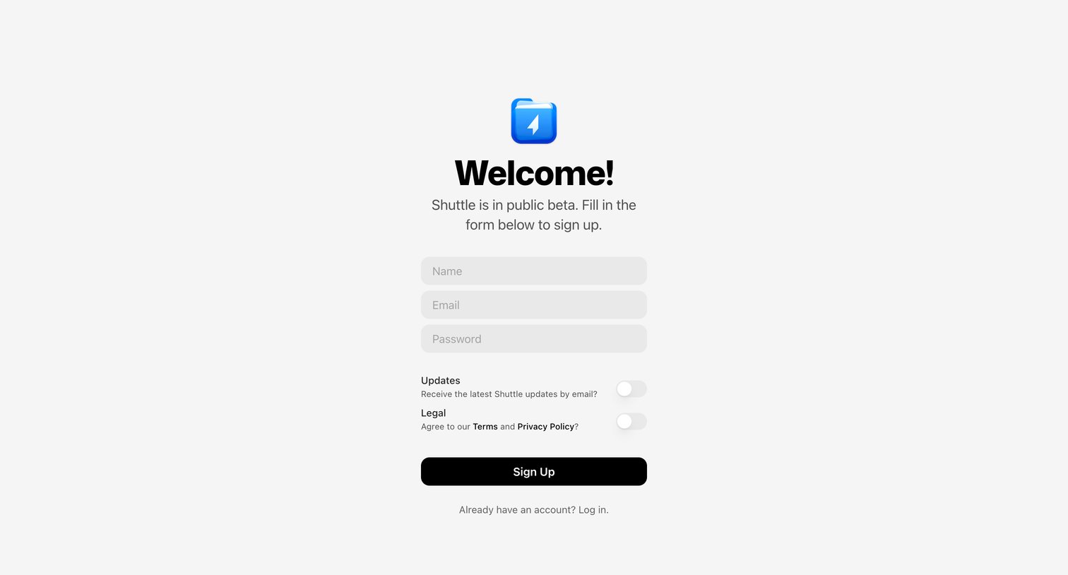 Shuttle - Shuttle Sign Up screen