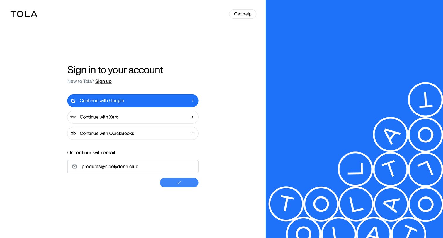 Tola - Sign in • Tola screen