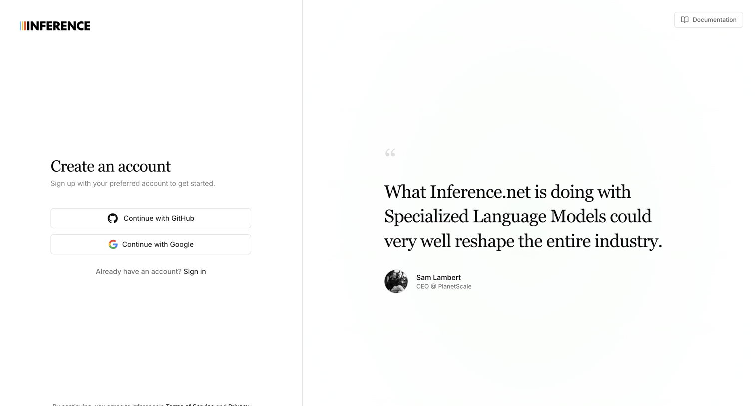 Inference - Register | Inference.net screen
