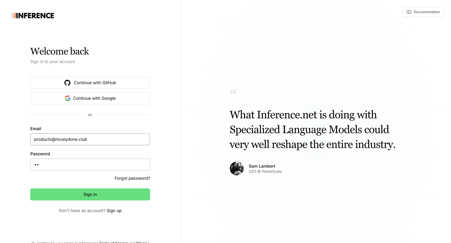 Inference - Sign In | Inference.net screen
