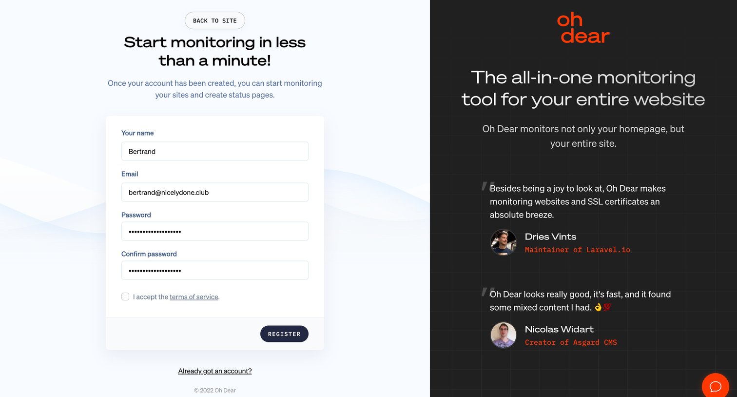 Oh Dear - Start monitoring for free - Oh Dear screen