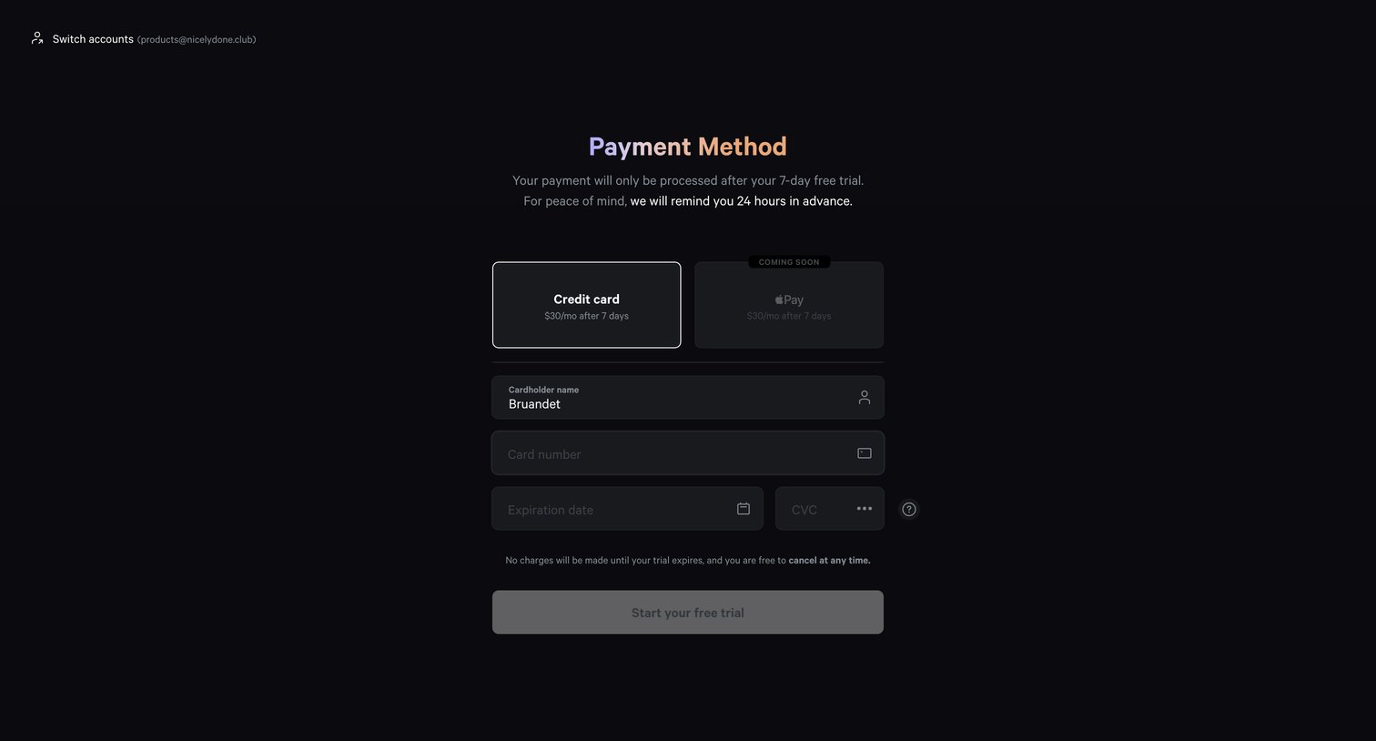 Fey - Onboarding | Payment Method screen