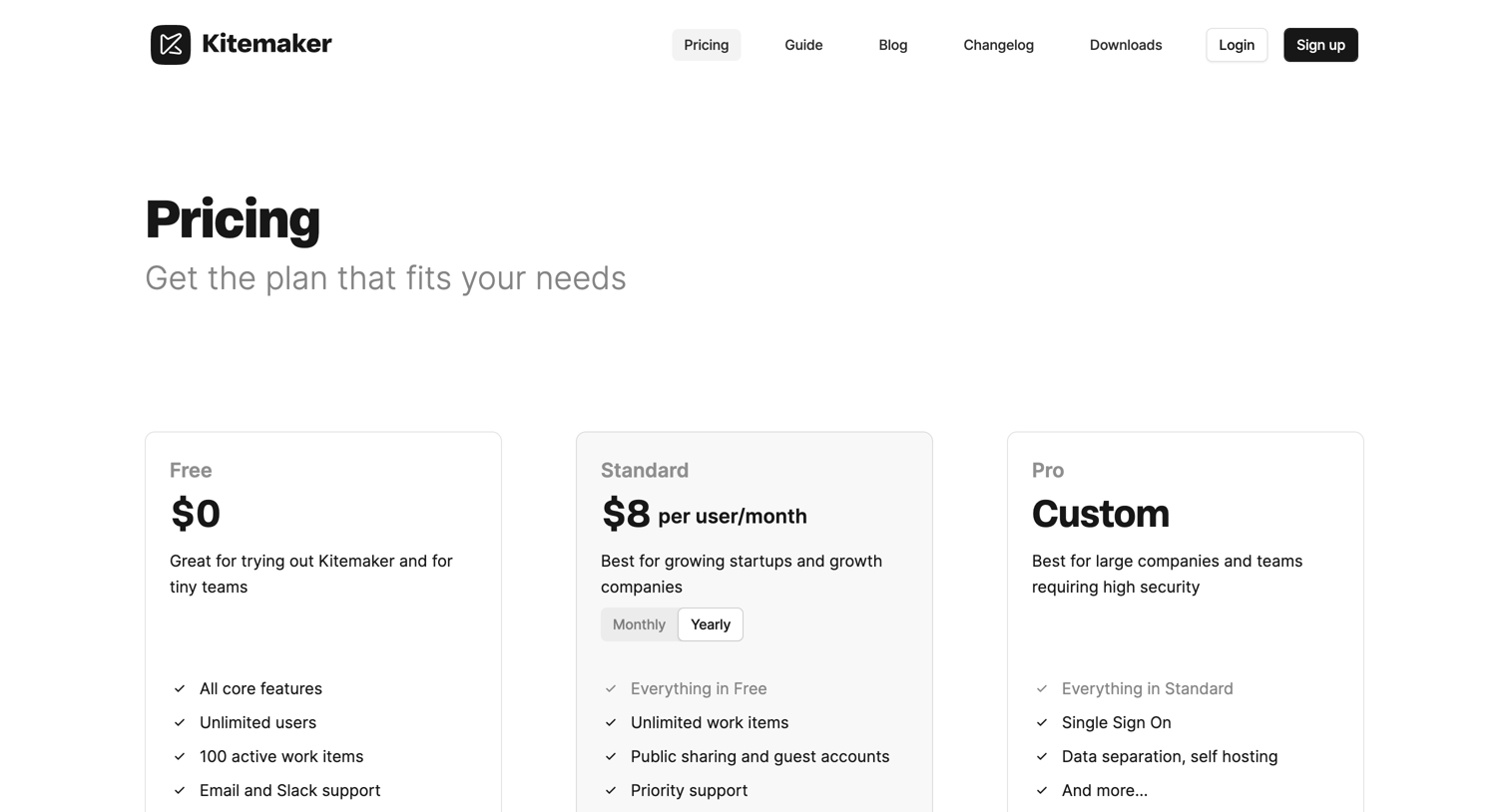 Kitemaker - Kitemaker - Pricing screen