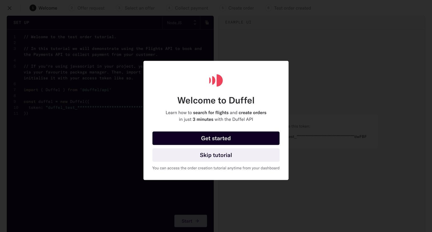 Duffel - Duffel – Welcome to the test order tutorial screen