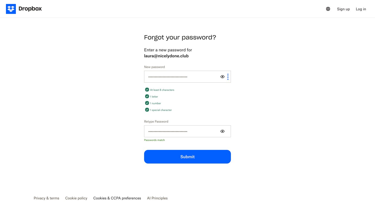 Dropbox - Dropbox - Reset your password screen
