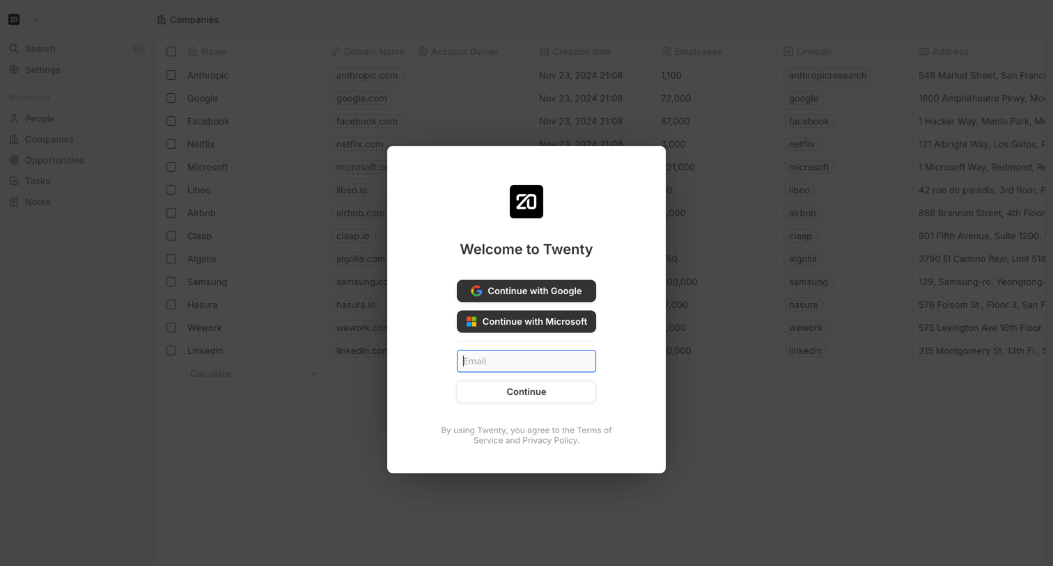 Twenty - Sign in or Create an account screen