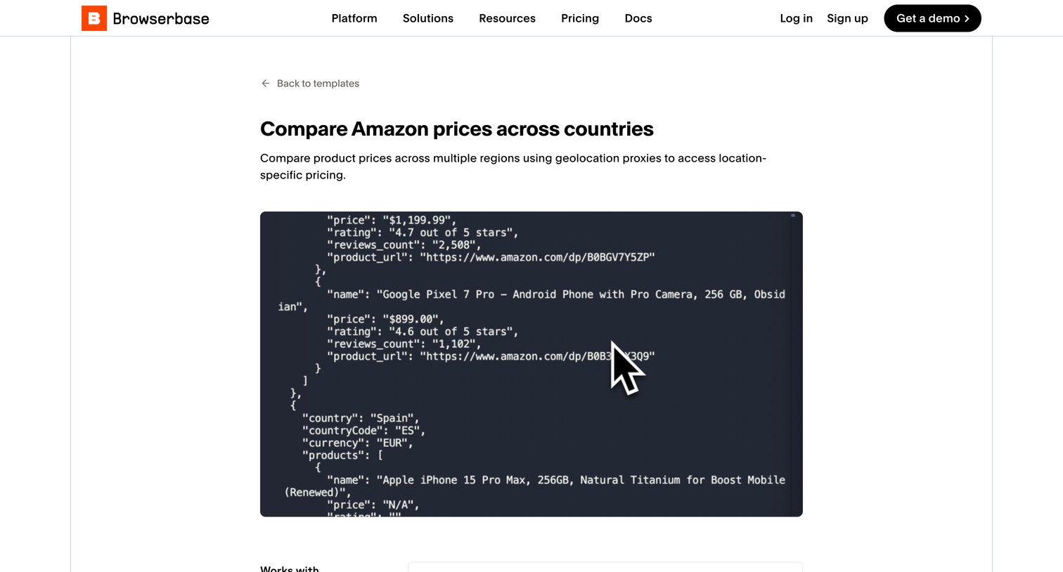 Browserbase - Amazon global price comparison with proxies Browserbase screen