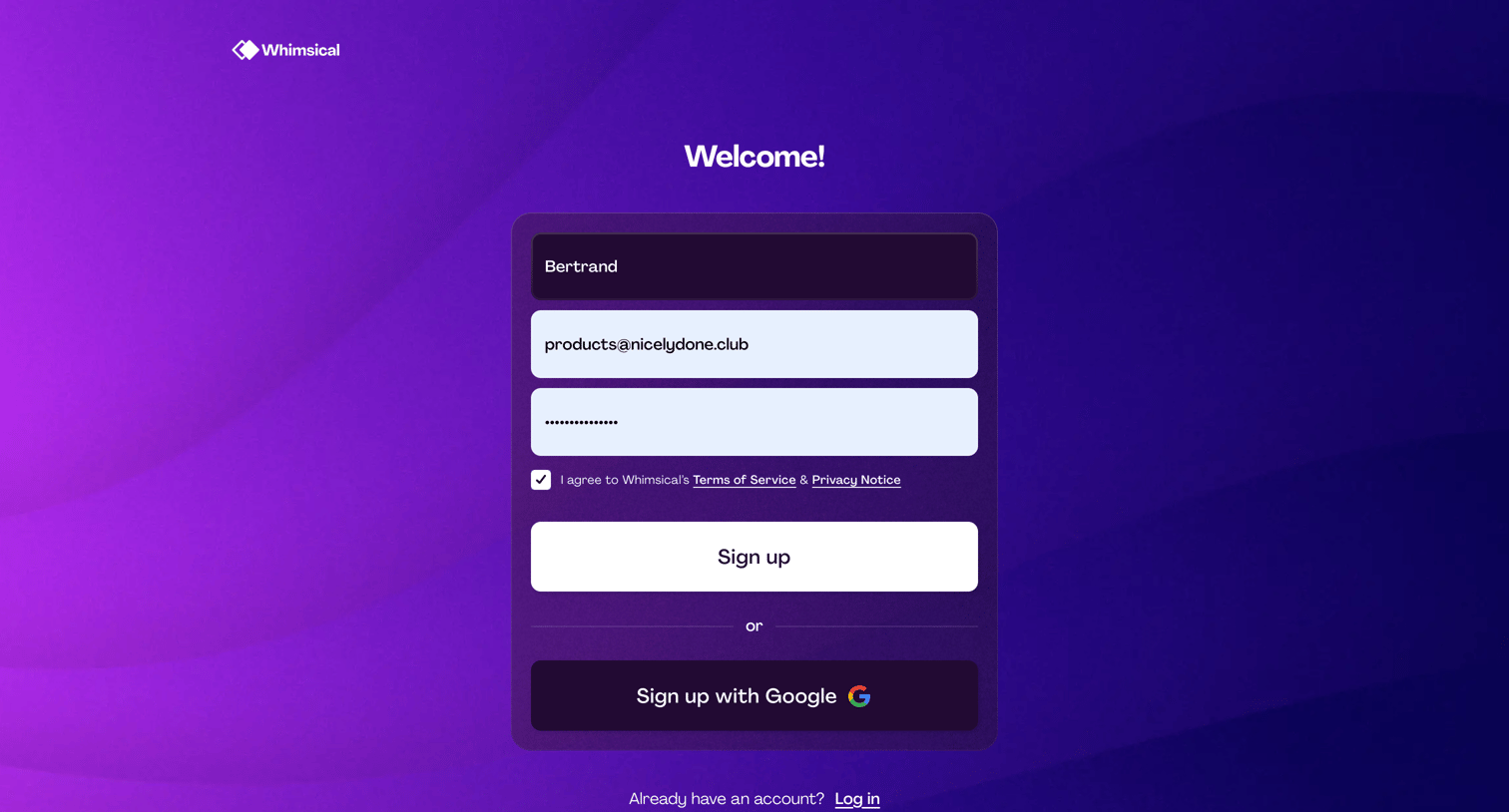 Whimsical - Sign up for free without a credit card screen
