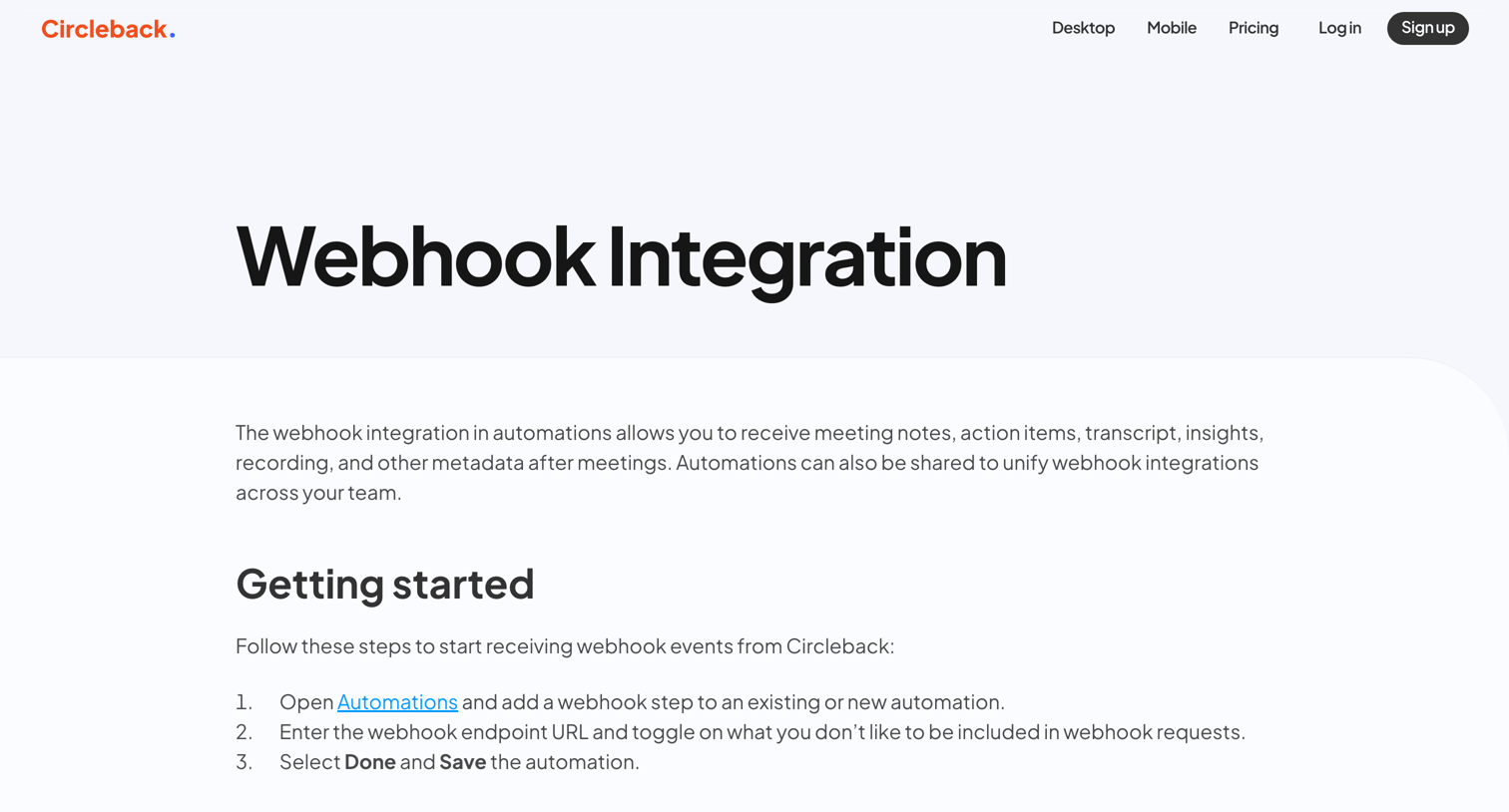 Circleback - Webhook Integration - Circleback screen