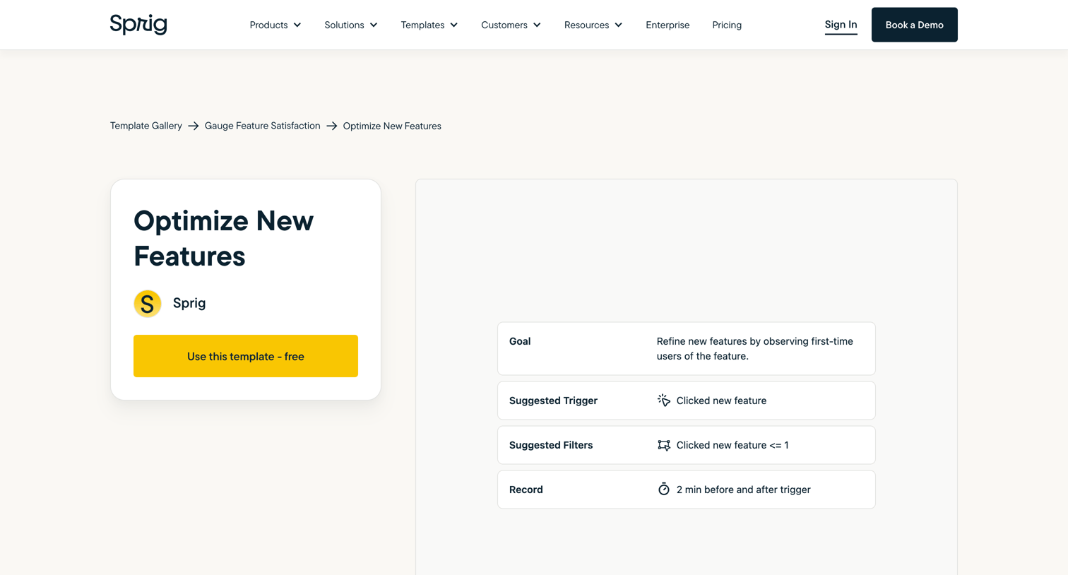 Sprig - Template to optimize new features | Sprig Template Gallery screen